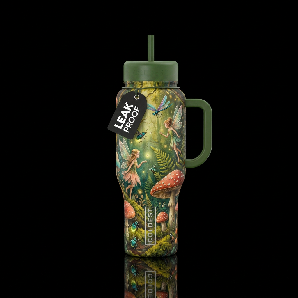 Cottage core fairies, toadstools, insects water bottle design