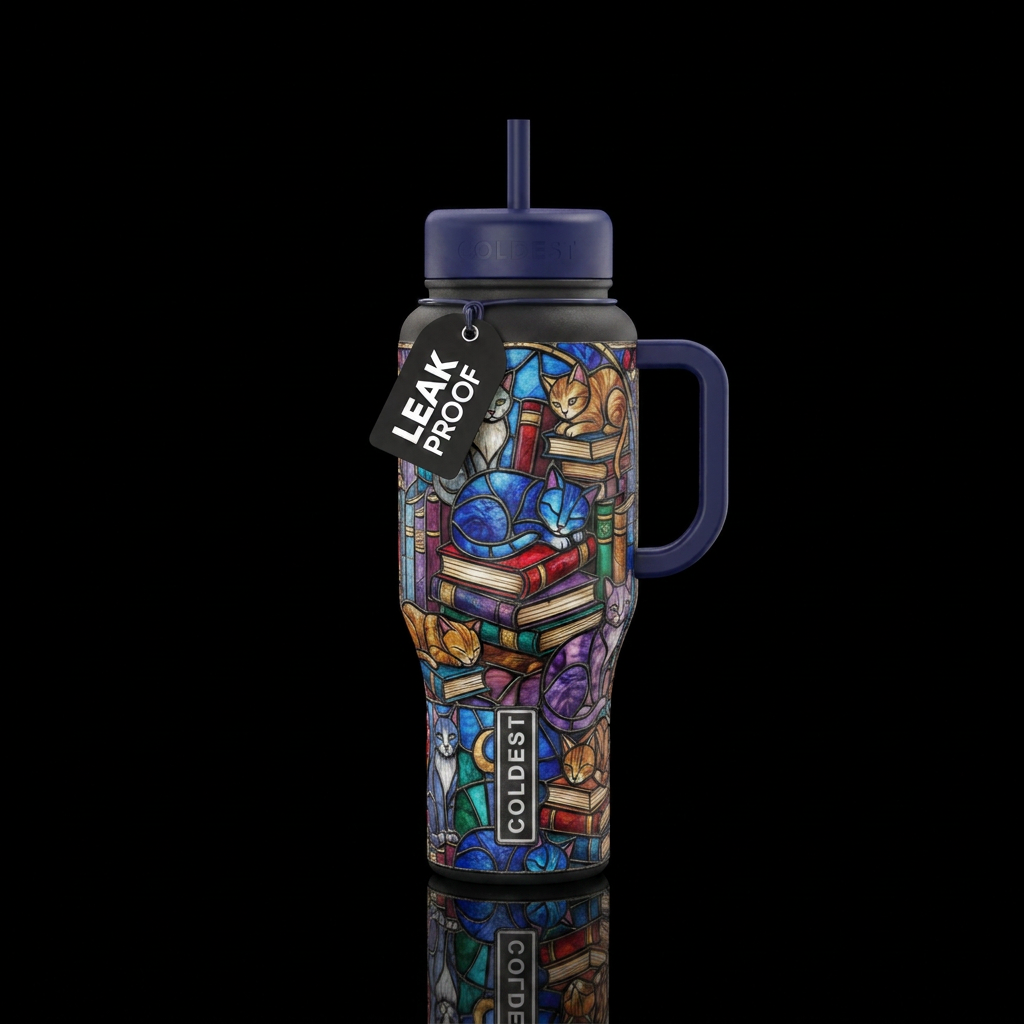 Stained glass cats with books water bottle design