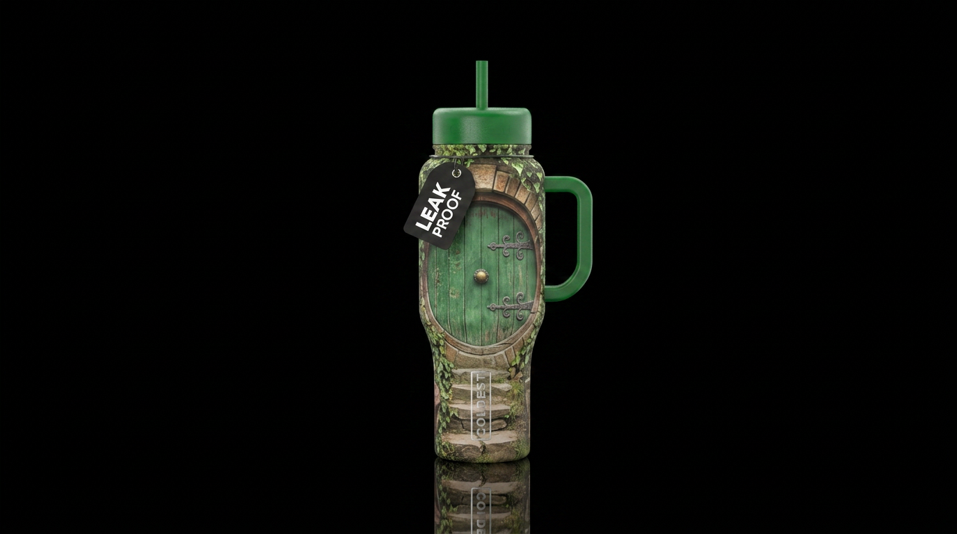 Hobbit door with green lid water bottle design