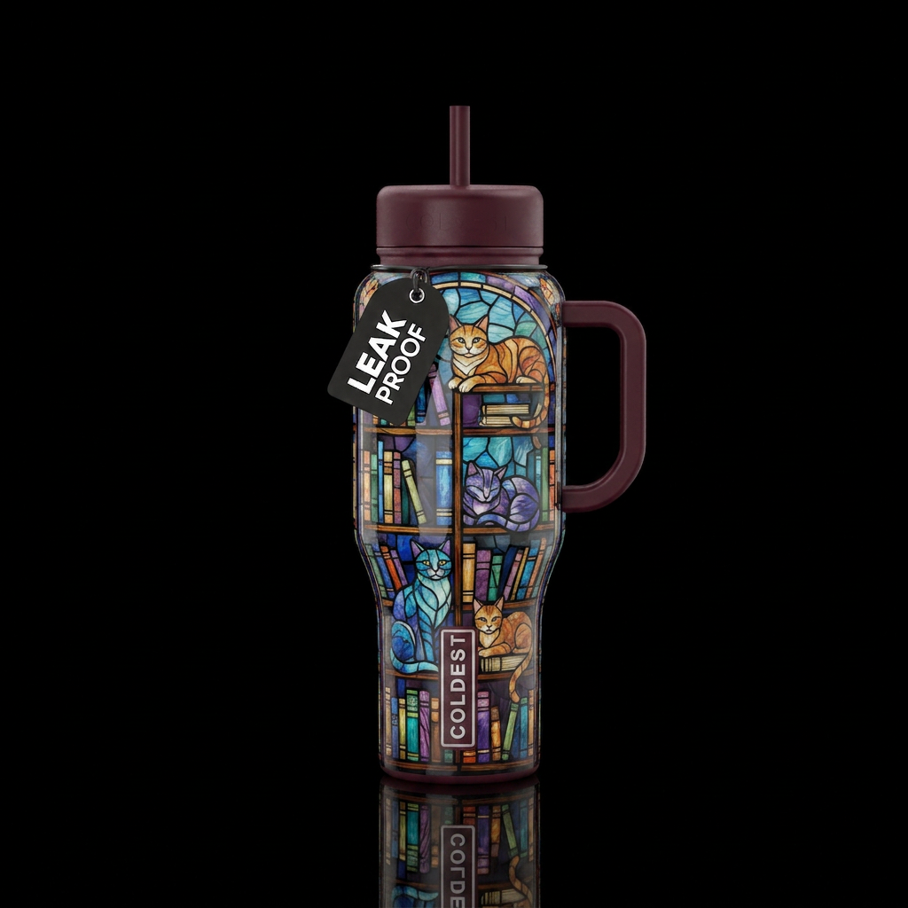 Books and cats stained glass with burgundy lid water bottle design
