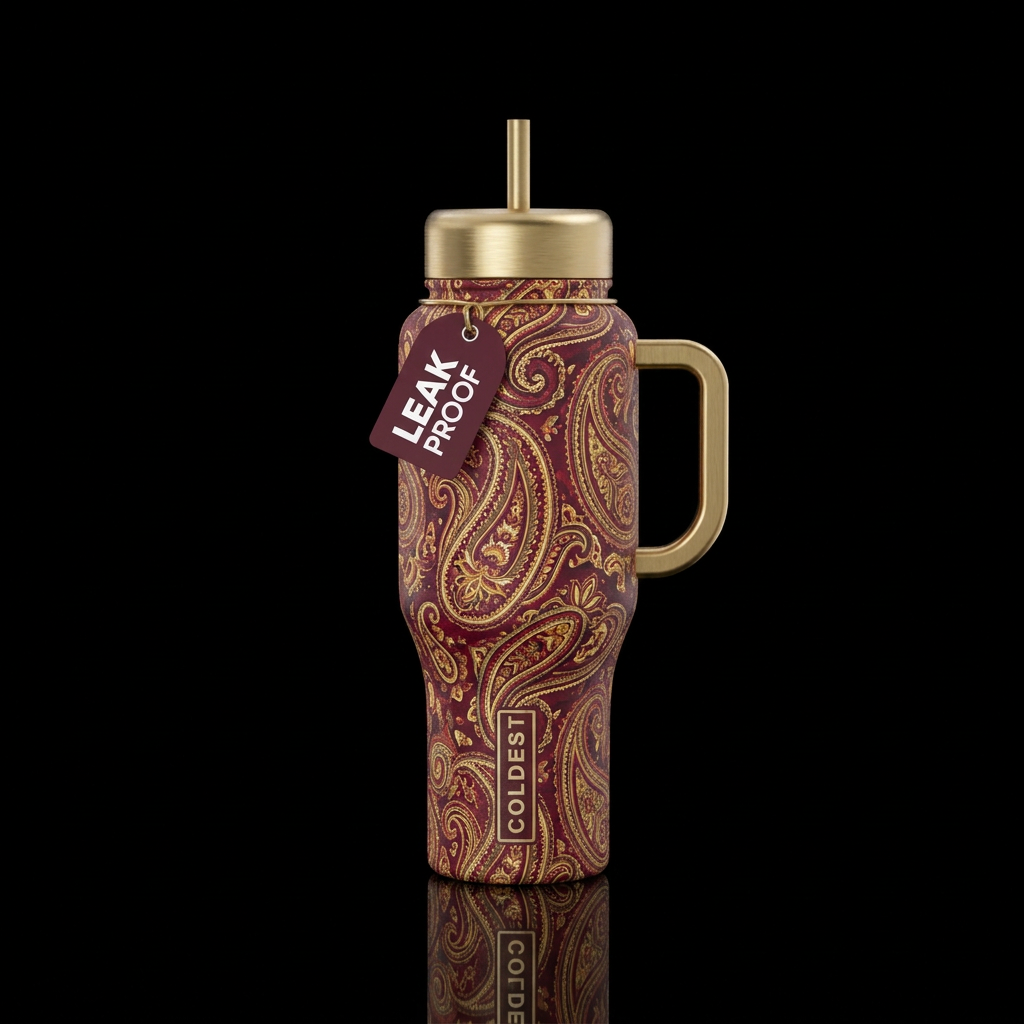 Garnet paisley with gold lid water bottle design