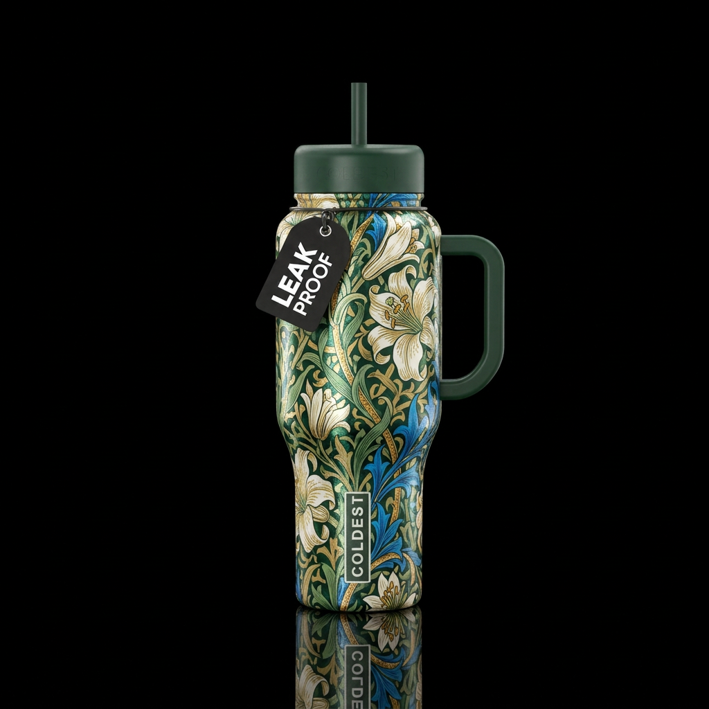 William Morris style Easter lillies light relectiv... water bottle design