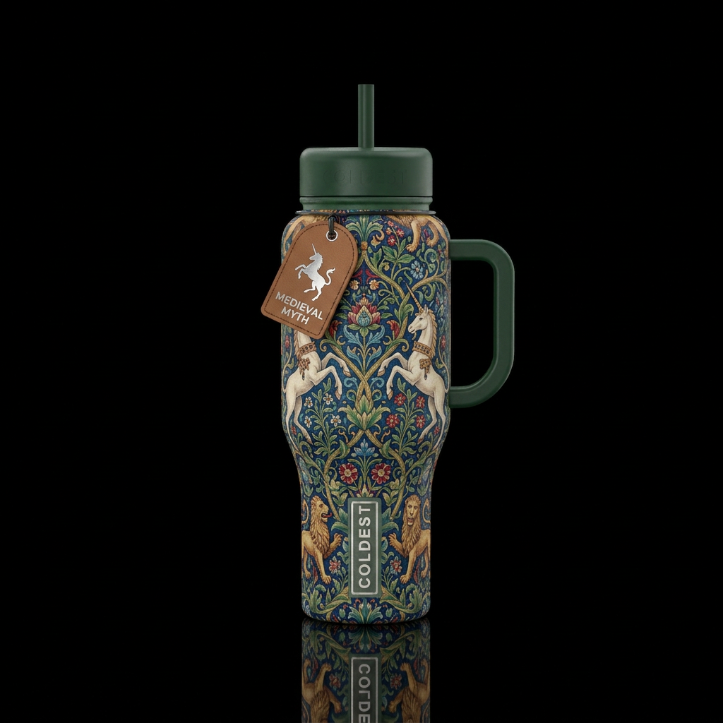 William morris style medieval unicorns water bottle design