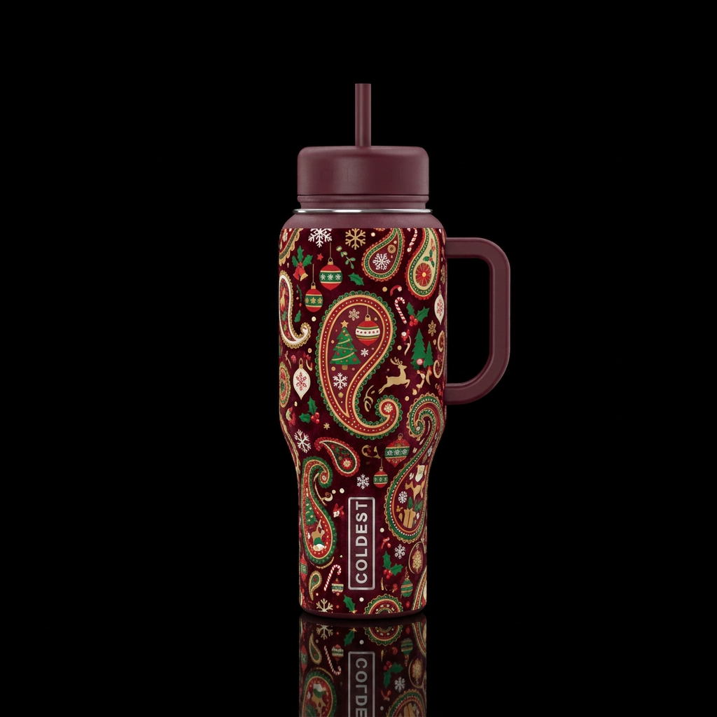 Simple Christmas paisley Burgundy lid water bottle design