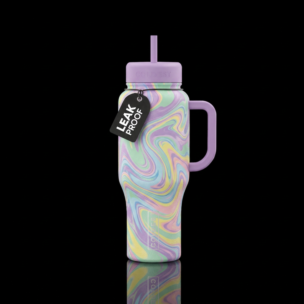 Marbled Easter pastels with lilac lid water bottle design