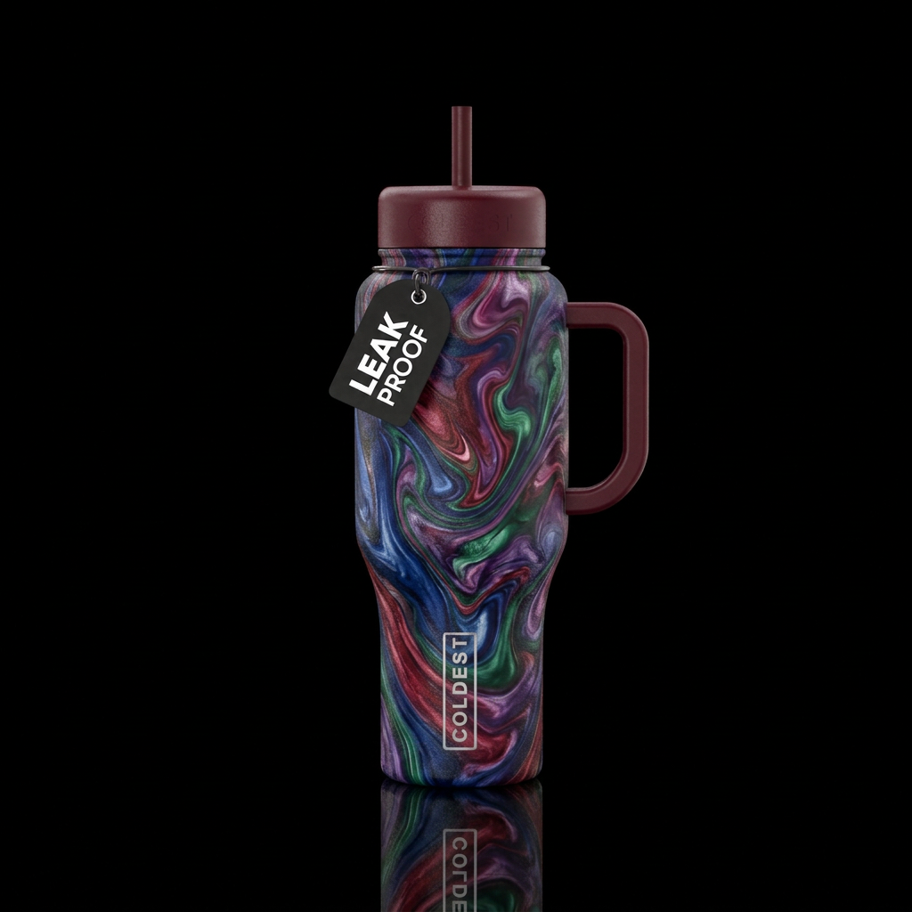 Swirl Marbled jewel tones with garnet lid water bottle design