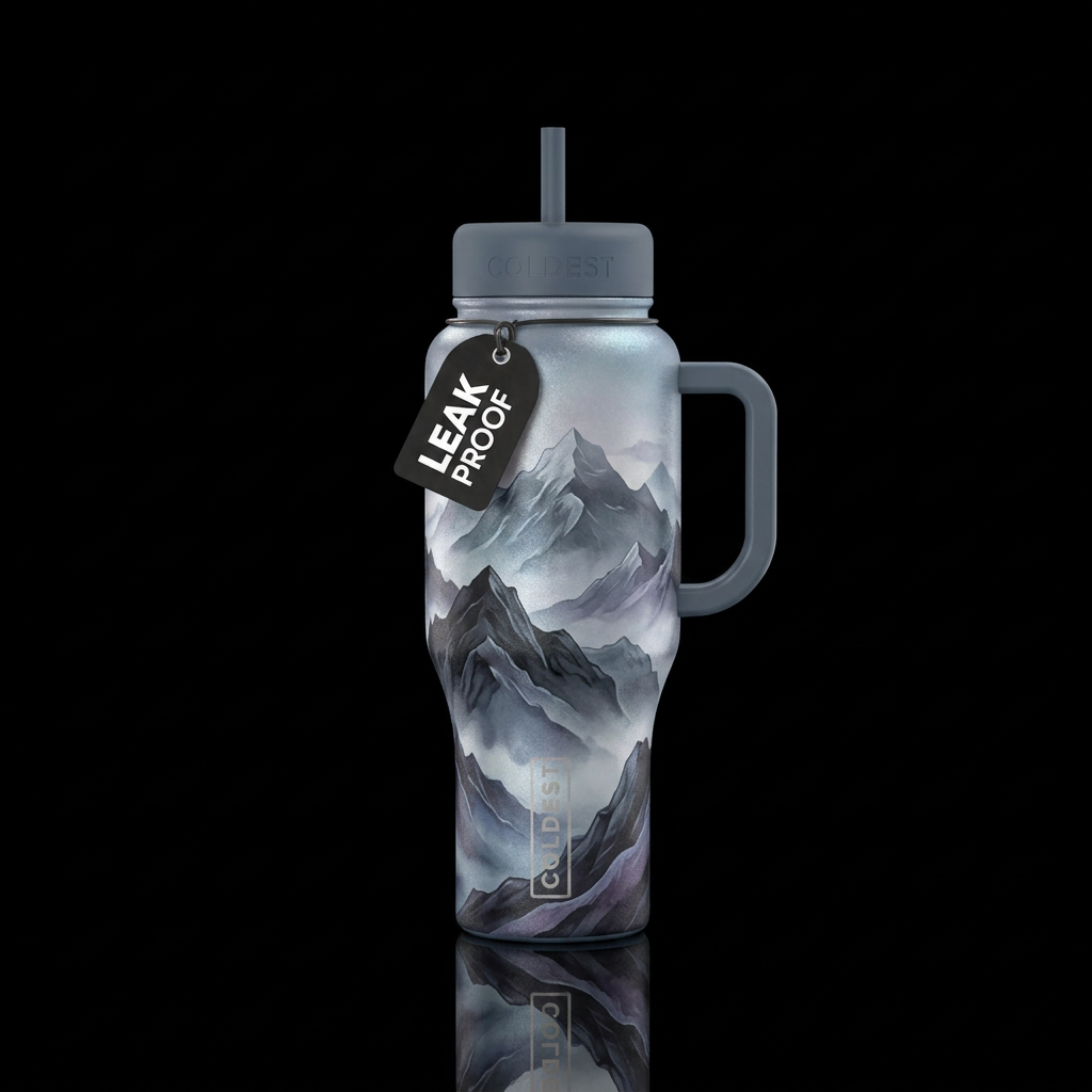 Over the misty mountains  cold with grey blue lid water bottle design