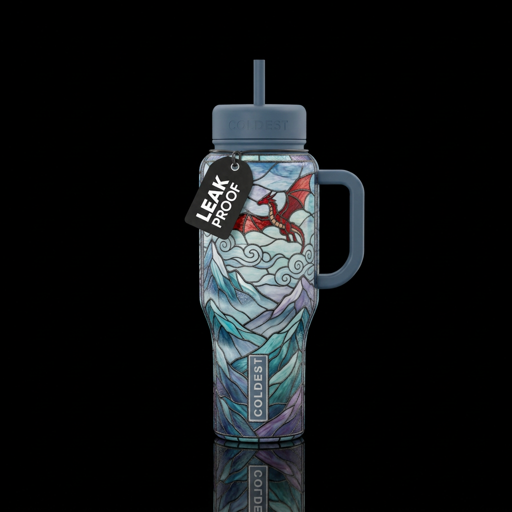 Stained glass Over the misty mountains cold with s... water bottle design