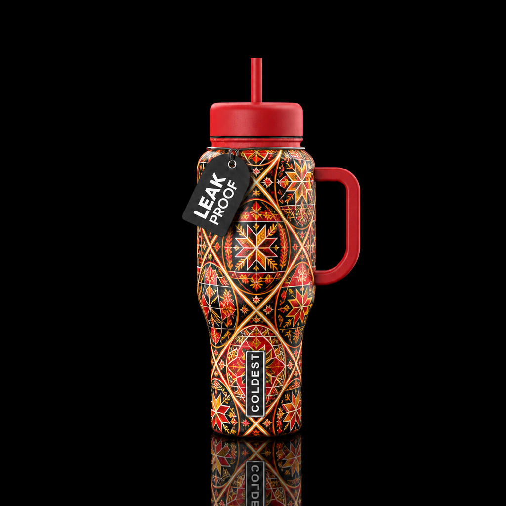 Psanky egg with traditional colors red lid 32 oz water bottle design