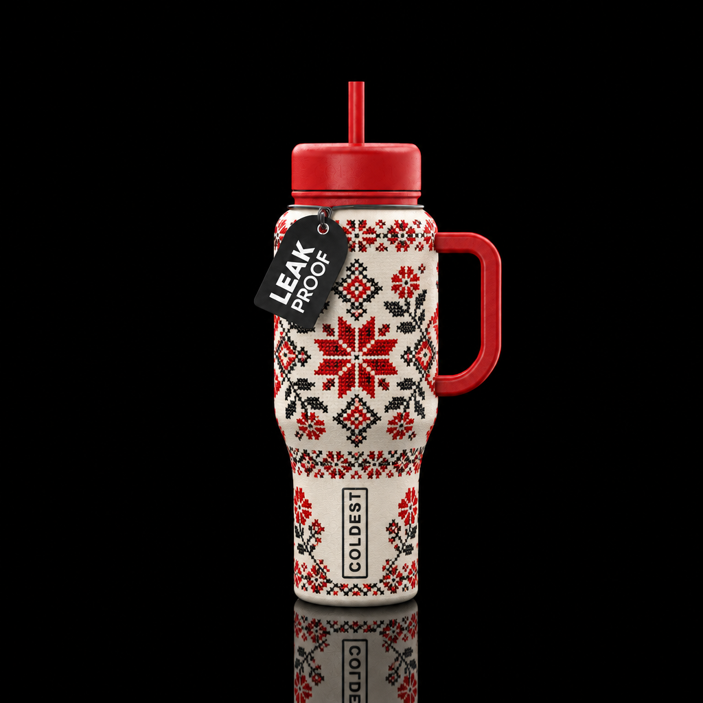 Ukrainian embroidery with red lid water bottle design