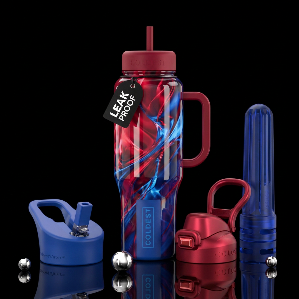 Red and blue abstract design water bottle design