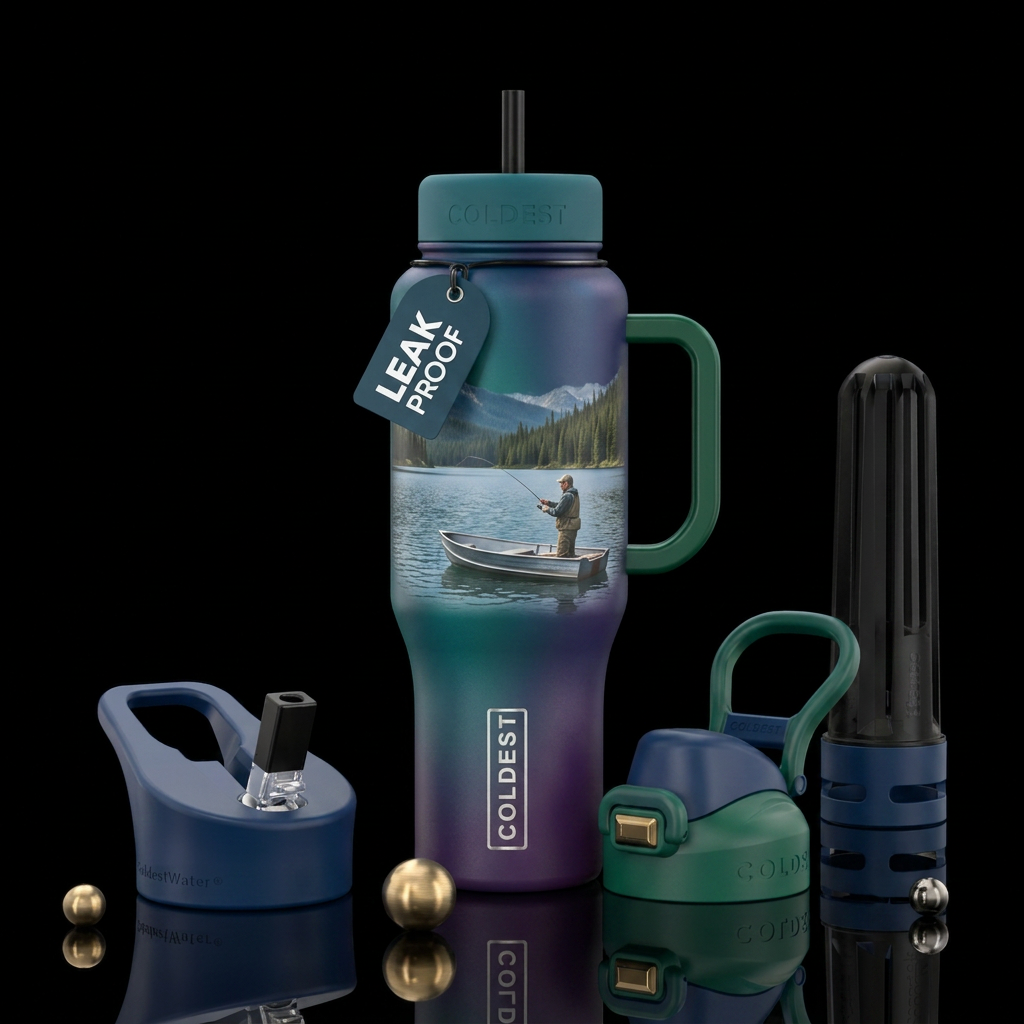 Lake, boat, man fishing water bottle design