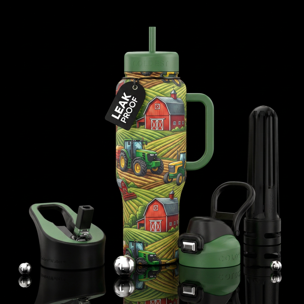Barn, tractor, fields water bottle design