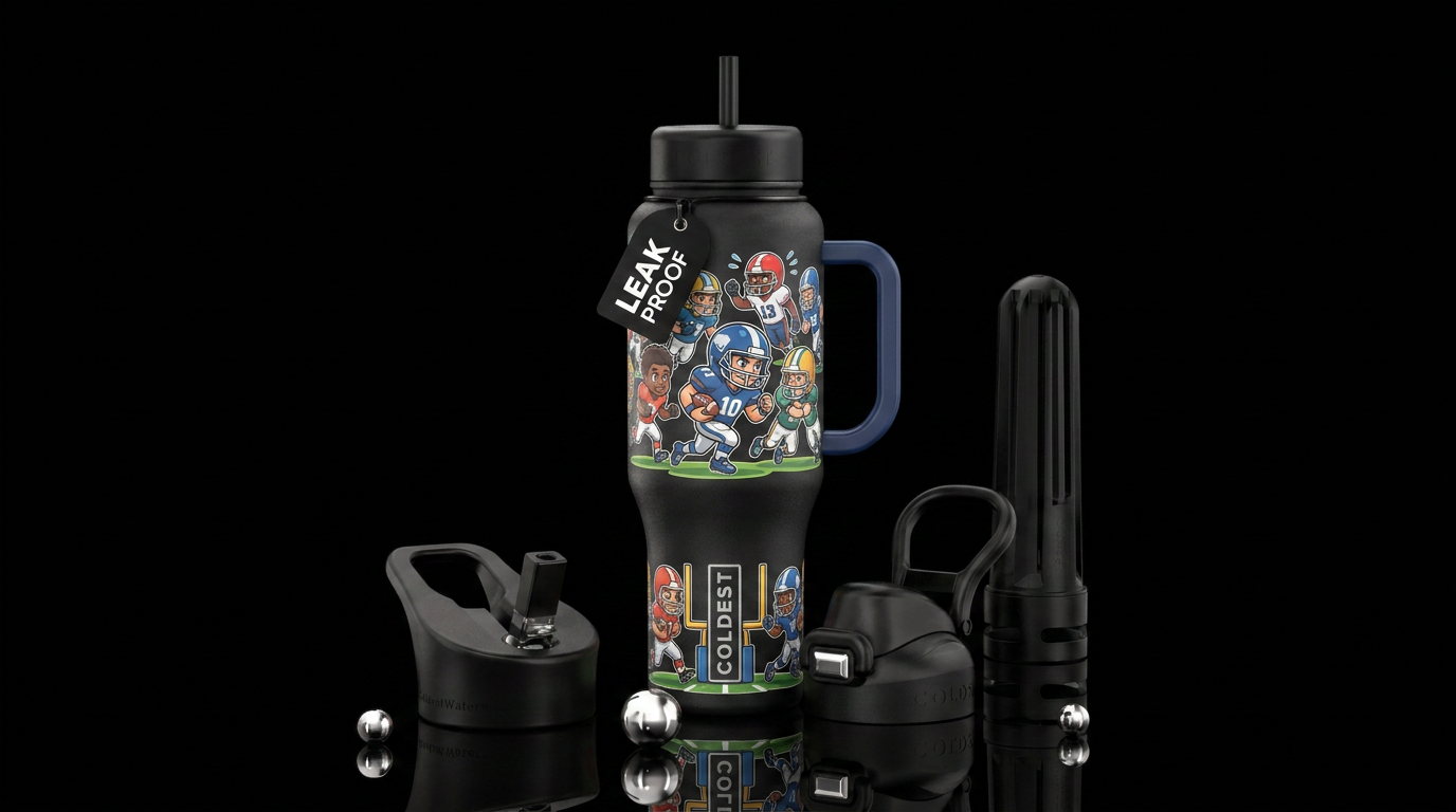 Cartoon boys playing american football water bottle design