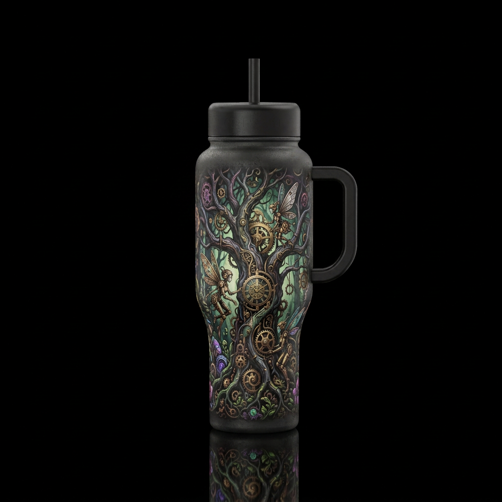Steampunk forest and fairies, matte, haunted, dark... water bottle design