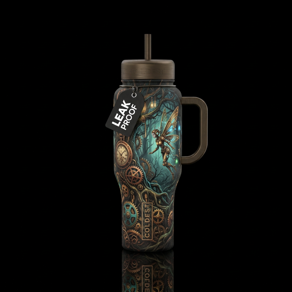 Steampunk forest and fairies, matte, haunted, dark... water bottle design