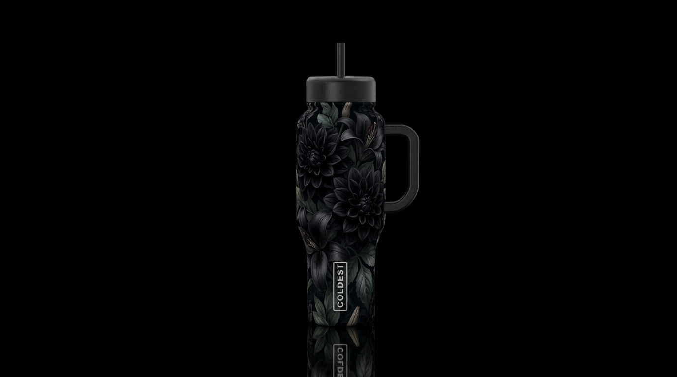 Black dahlias, black lily’s and leaves, darkness, ... water bottle design