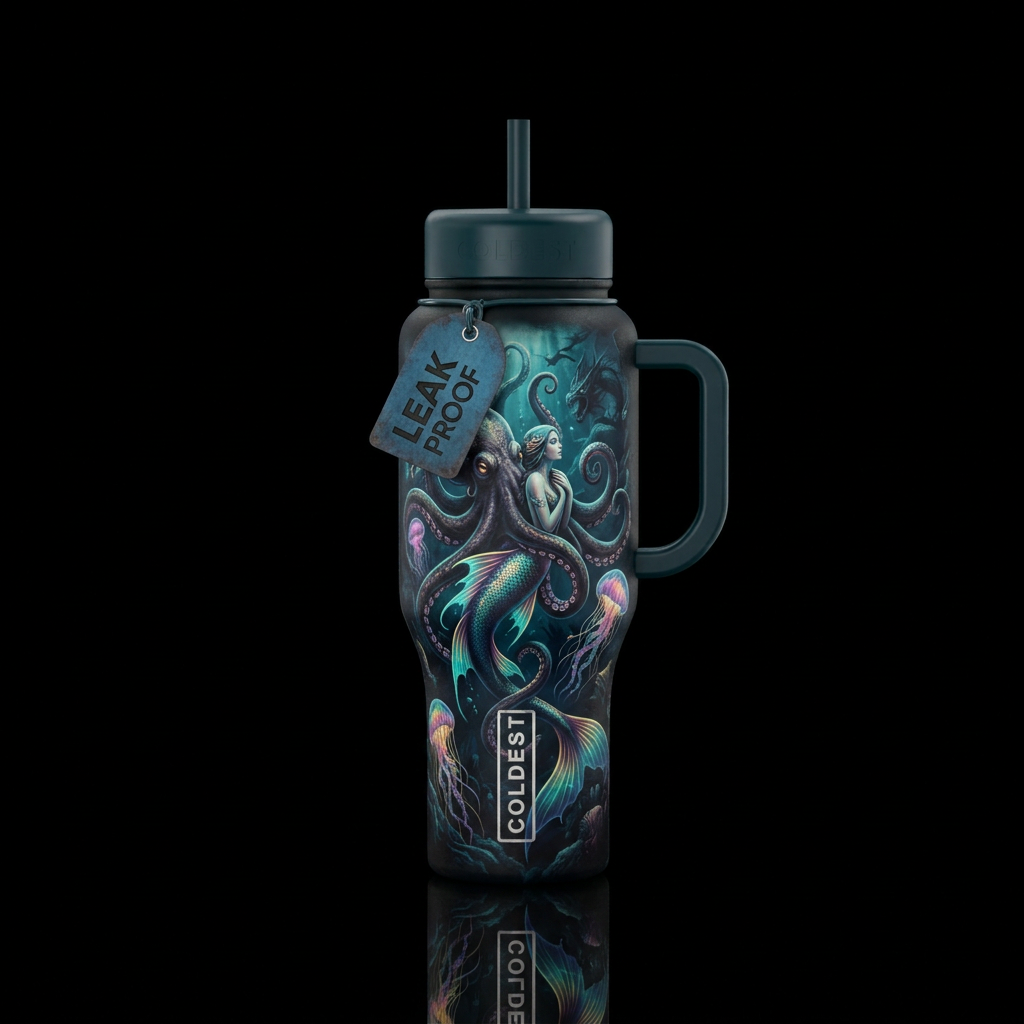 Octopus, jellyfish and mermaid, fantasy, darkness,... water bottle design