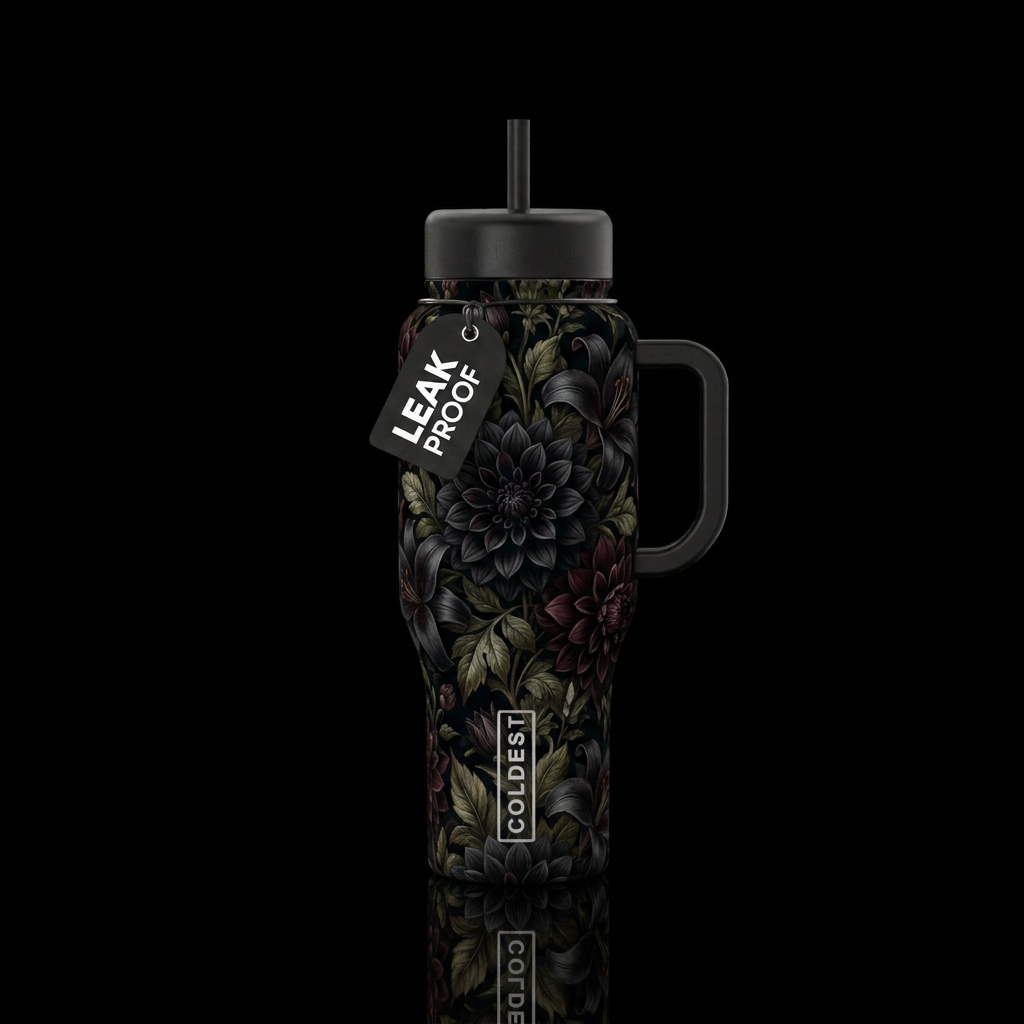 Black dahlia, Black lily’s and leaves, classical, ... water bottle design