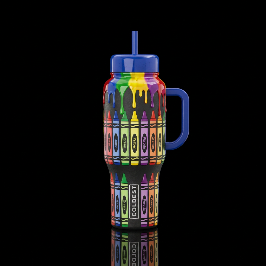Crayons in a row, cartoon, happy, vibrant, drippin... water bottle design