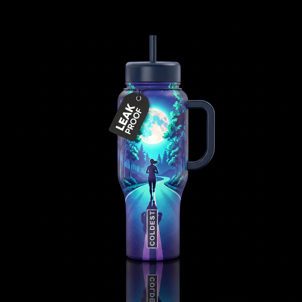 Running alone on an empty road and trees in the mo... water bottle design