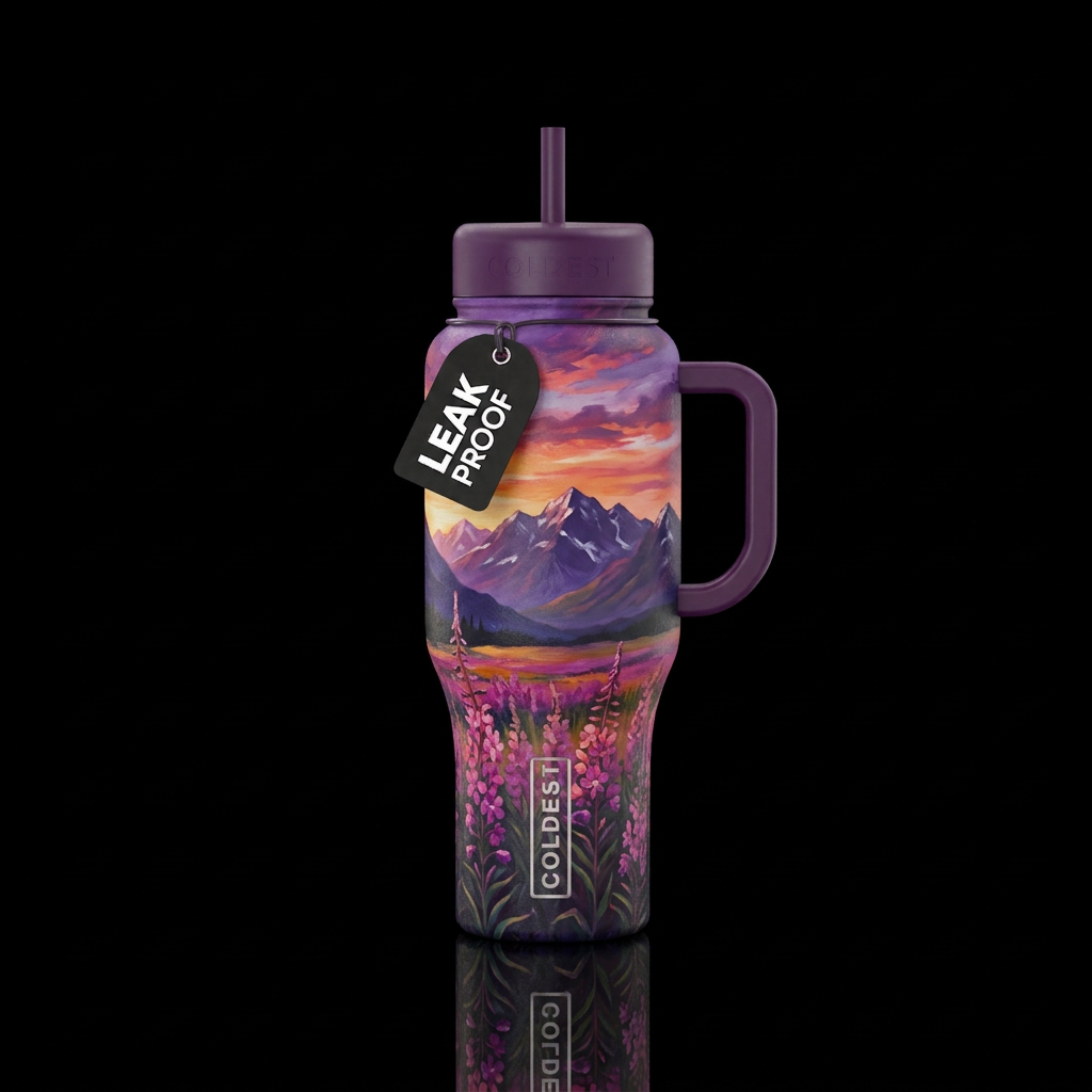 Fireweed landscape with mountains and sunset, pain... water bottle design