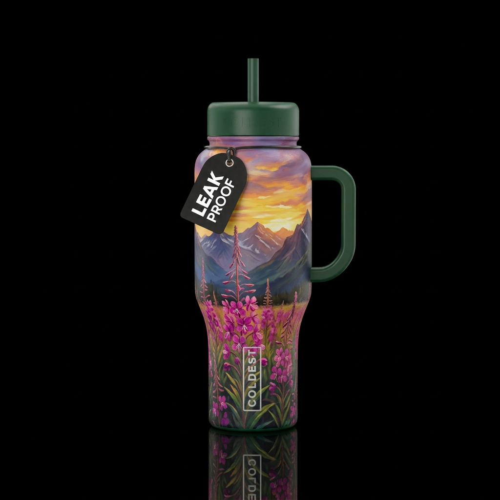 Fireweed landscape with mountains and sunset, pain... water bottle design