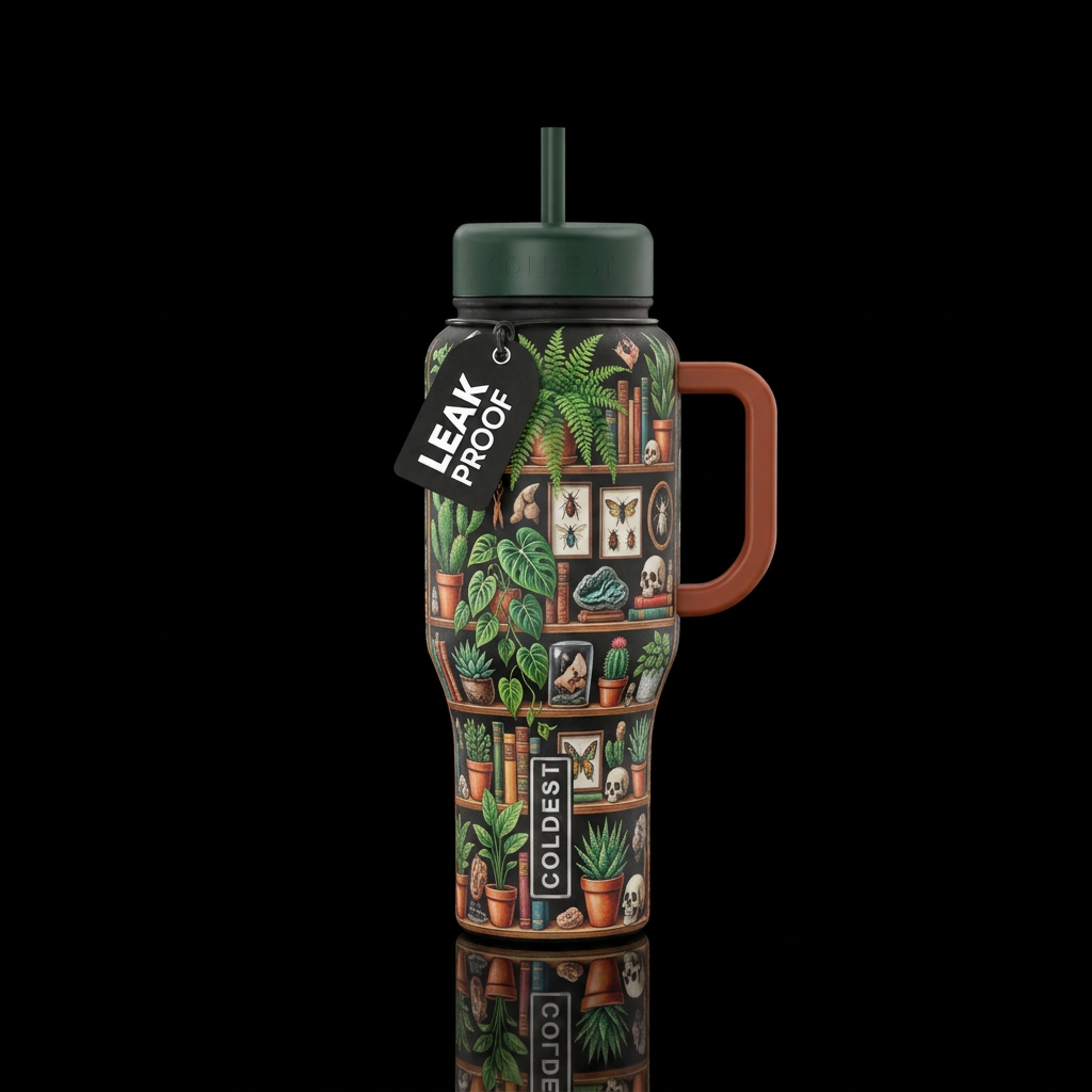 Plants on shelves with books, curiosities and skul... water bottle design