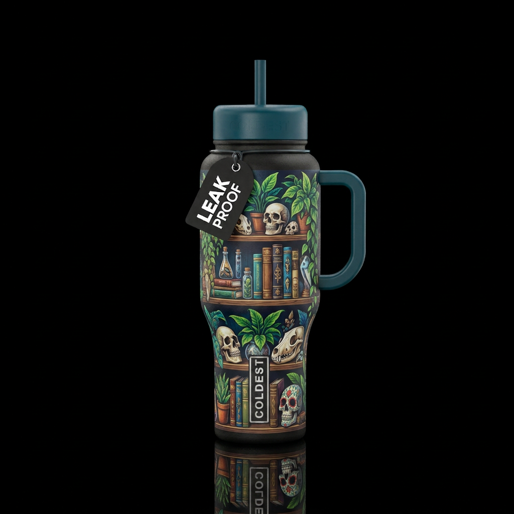Plants on shelves with books, curiosities and skul... water bottle design