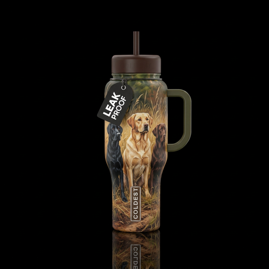 Black lab, golden lab and chocolate lab waiting in... water bottle design