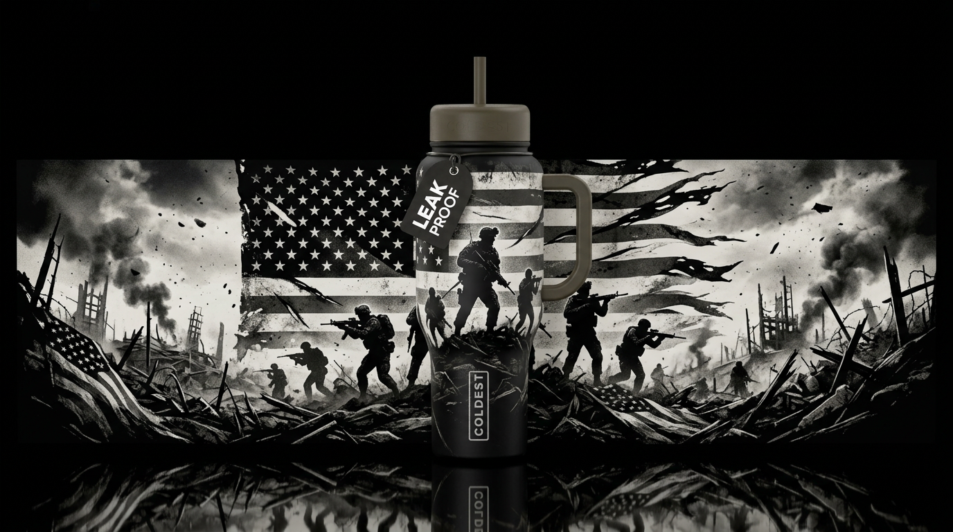 black and white united states ragged flag with sol... water bottle design