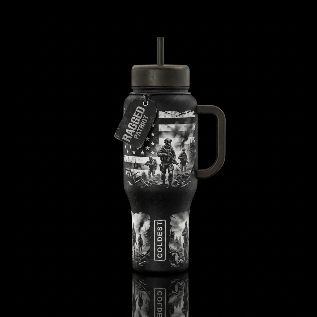 black and white united states ragged flag with sol... water bottle design