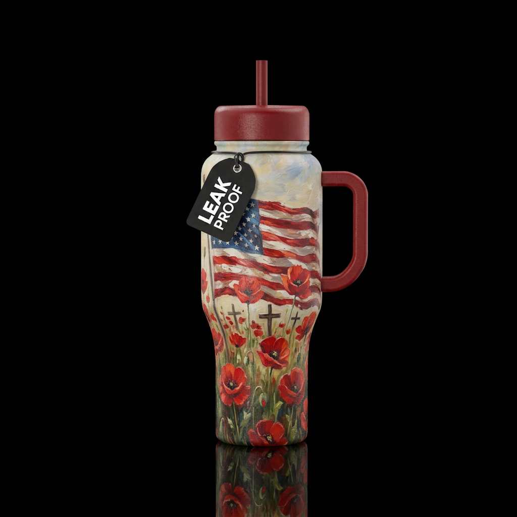 American flag among a field of red poppies and cro... water bottle design