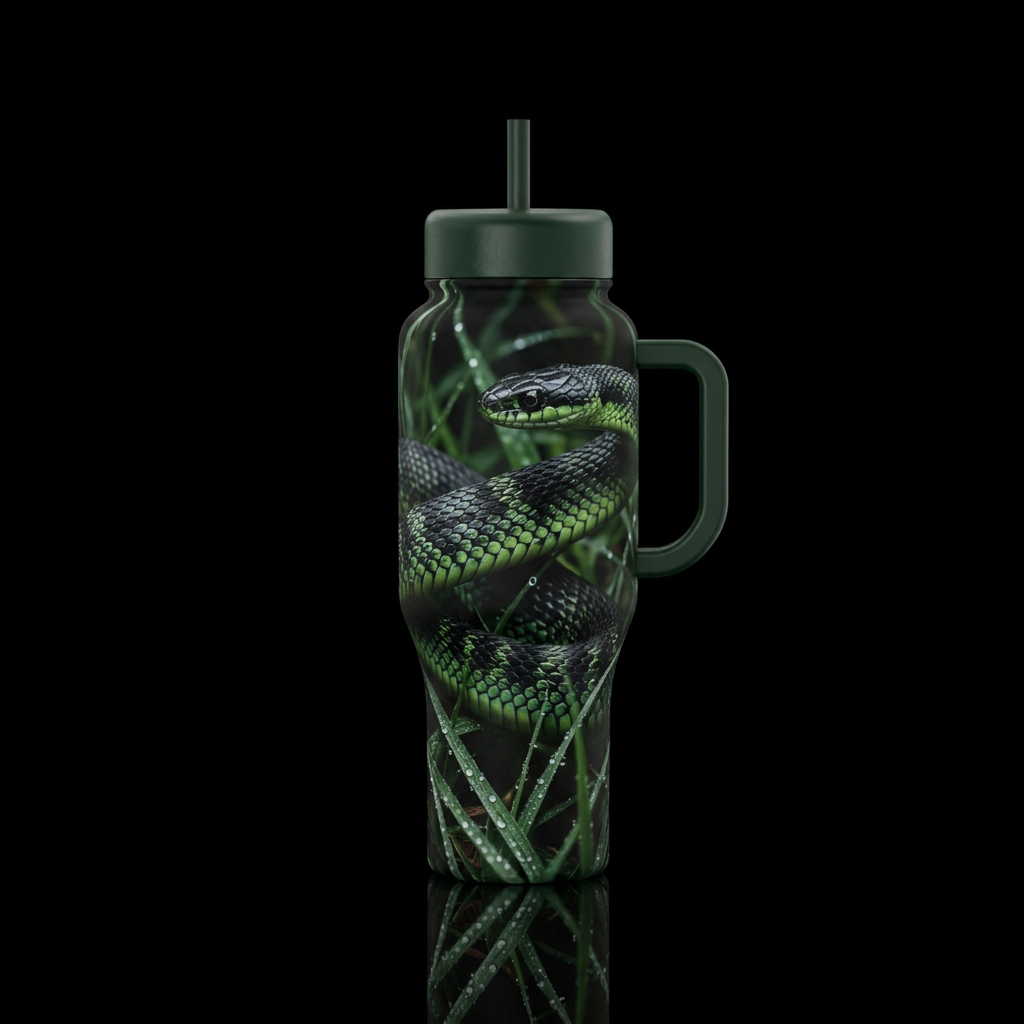 Black and green snake wrapped around in the dewy g... water bottle design