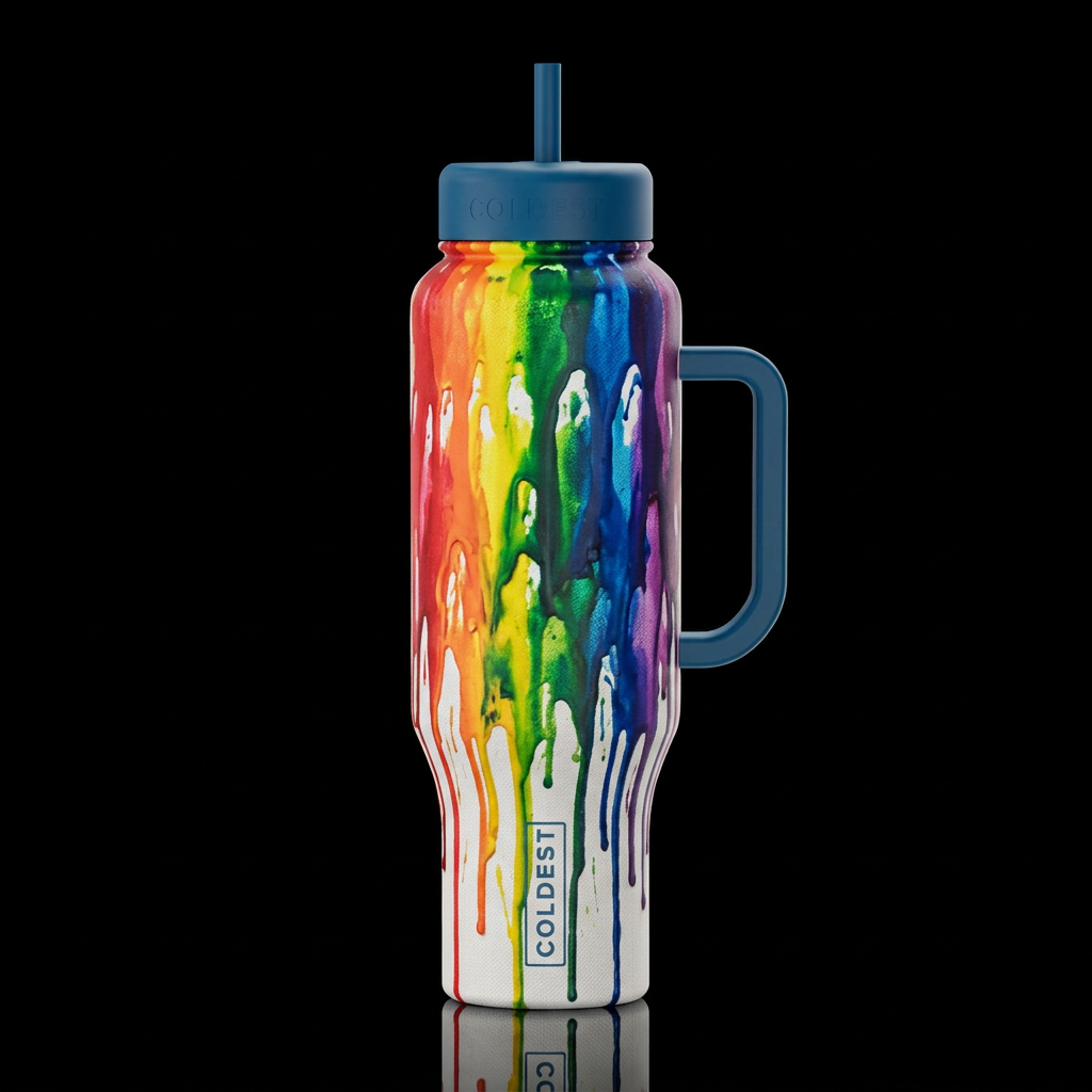Crayon rainbow melting on canvas, painted, artisti... water bottle design