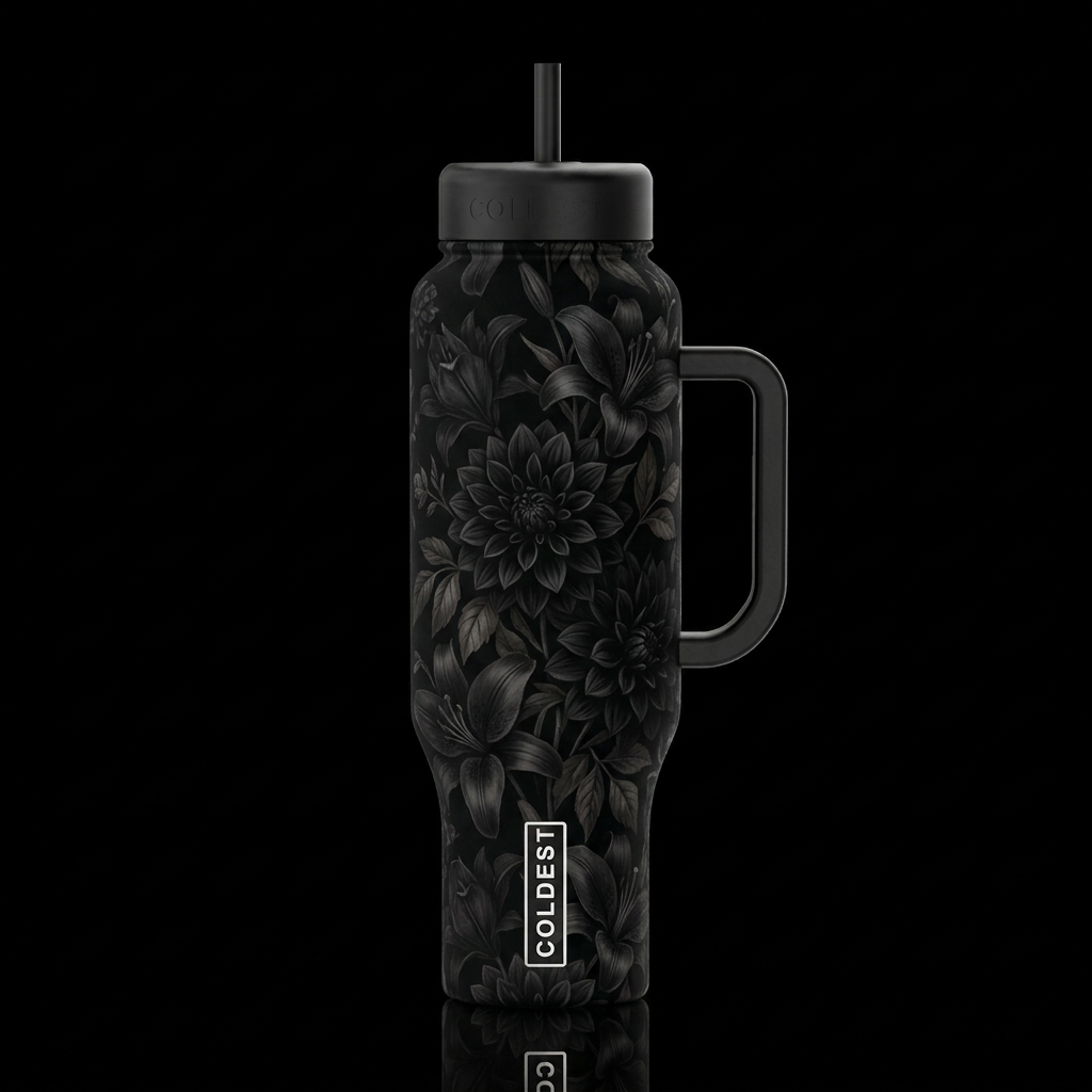 Black dahlias, black lily’s and leaves, darkness, ... water bottle design