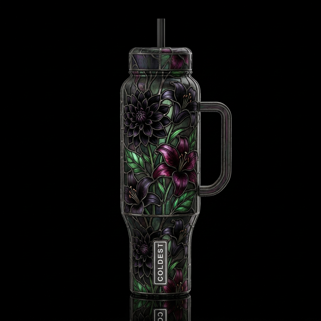 Black dahlias, black lily’s and leaves, darkness, ... water bottle design