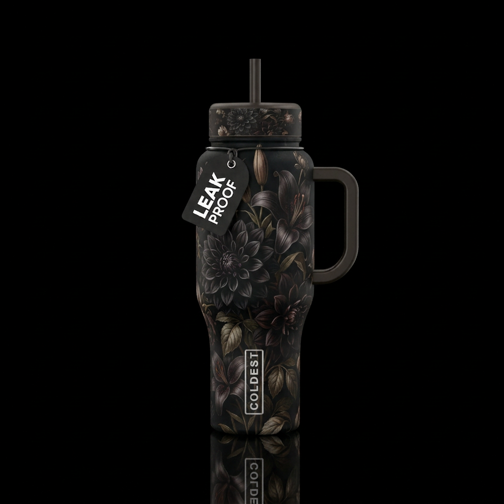 Black dahlia, Black lily’s and leaves, classical, ... water bottle design