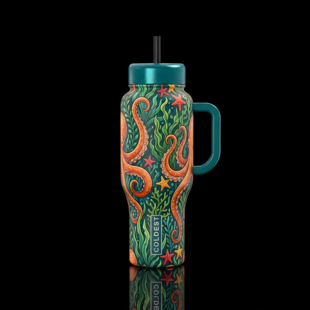 Orange octopus tentacles with seaweed and starfish water bottle design