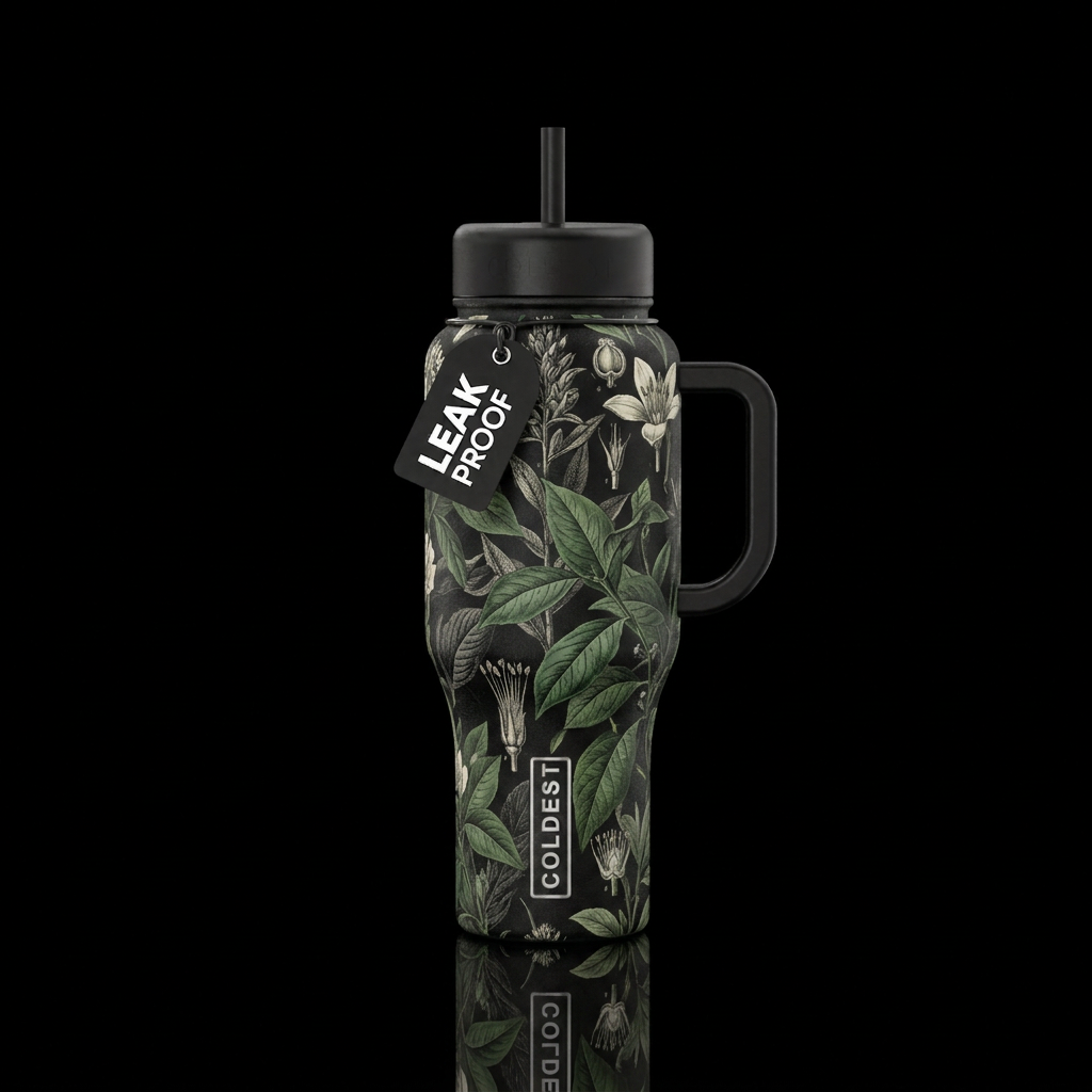 Black and white stripe with green leaves, classica... water bottle design