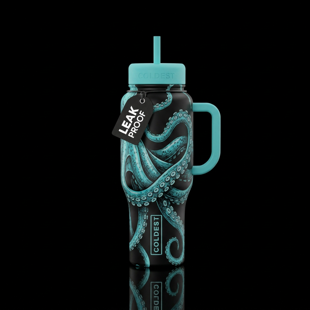 Black and turquoise octopus legs, scientific water bottle design