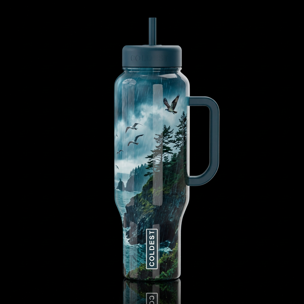 Coastal rainy days, dark aesthetic, trees, clouds,... water bottle design