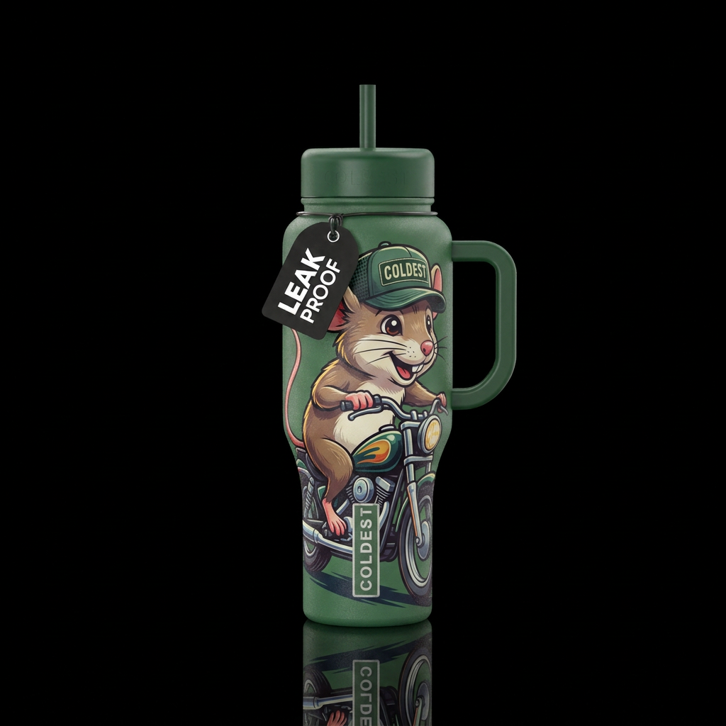 mouse on a motorcycle water bottle design