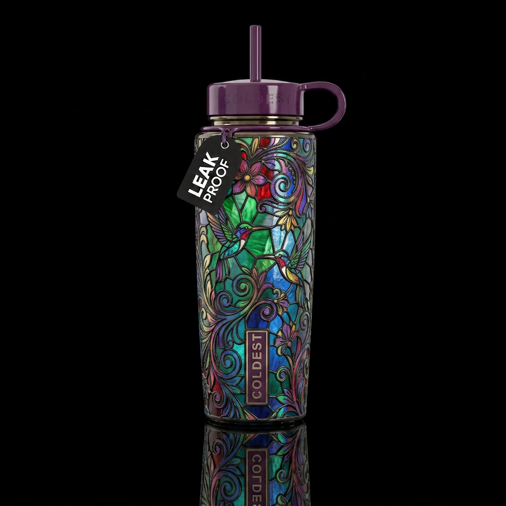 Stained Glass Hummingbird water bottle design