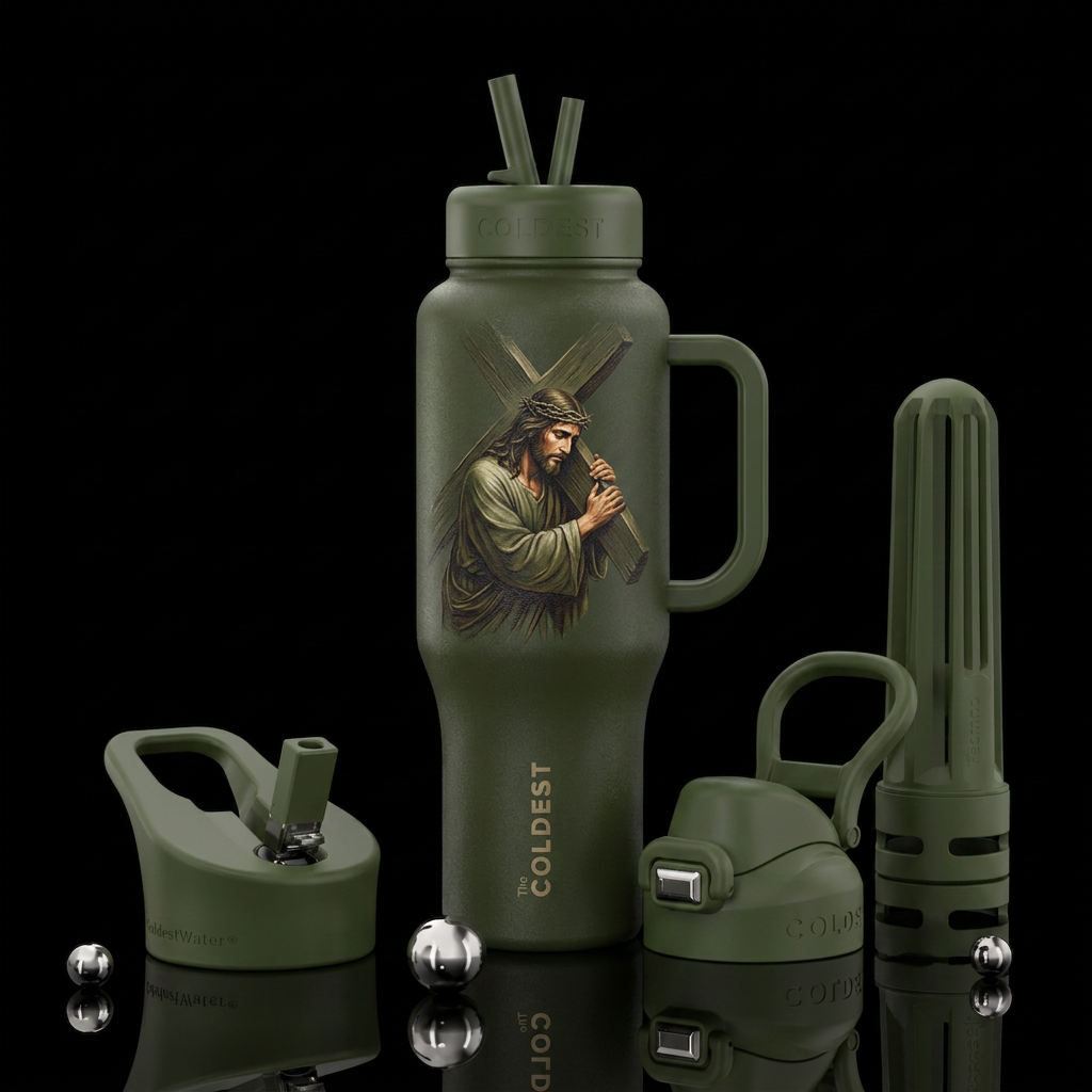 Jesus carying the cross water bottle design