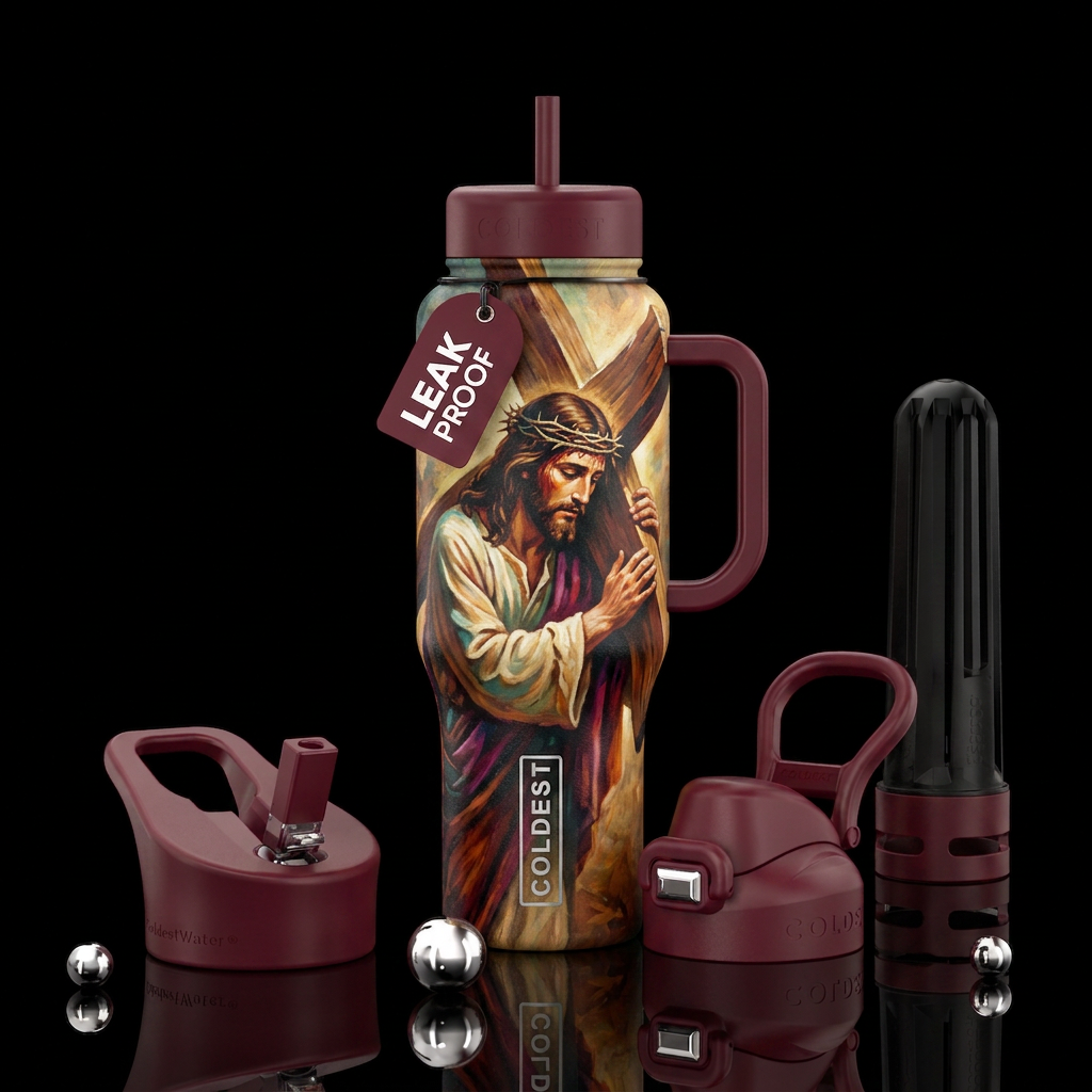 Jesus carying the cross water bottle design