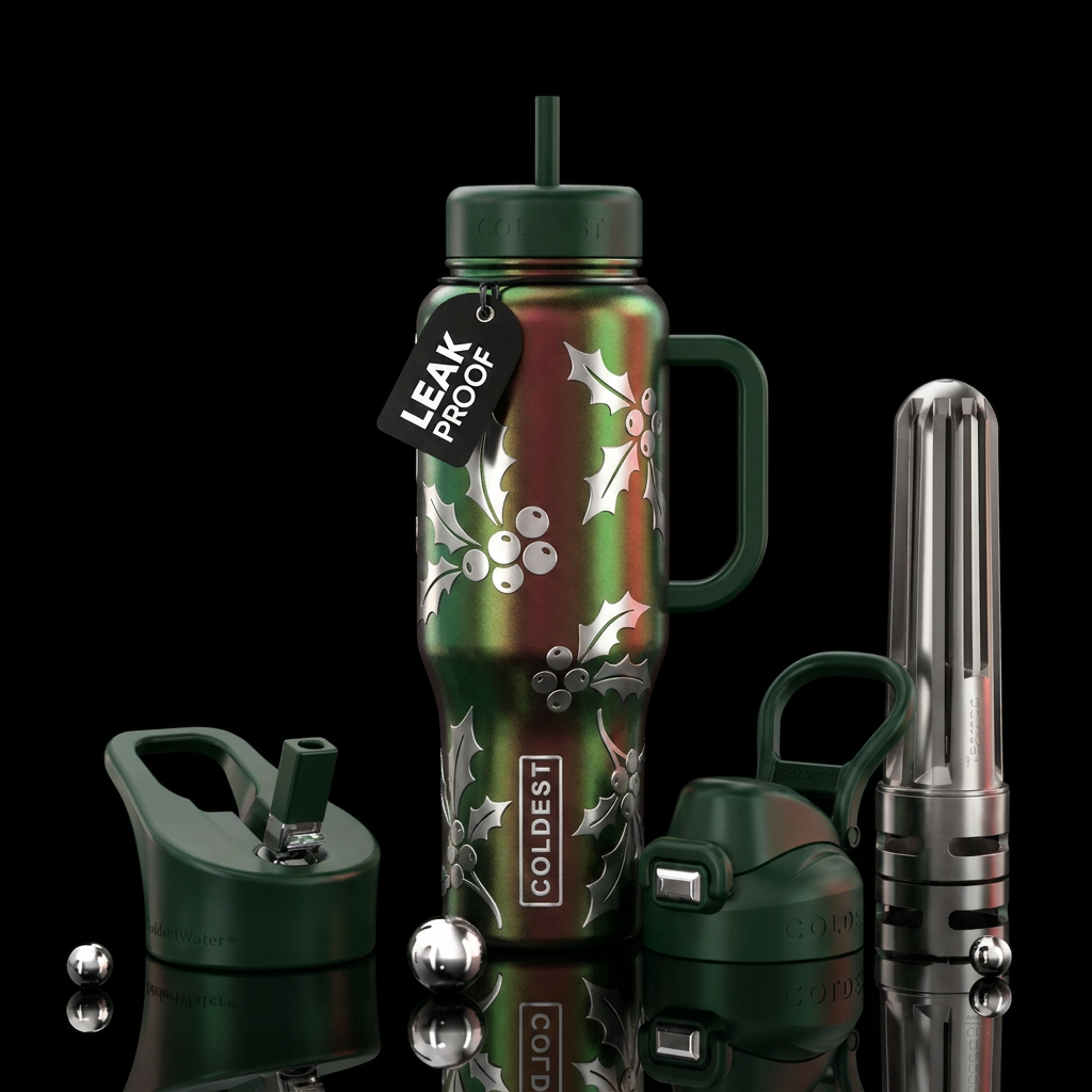 iridescent Christmas moonlight holly berries water bottle design