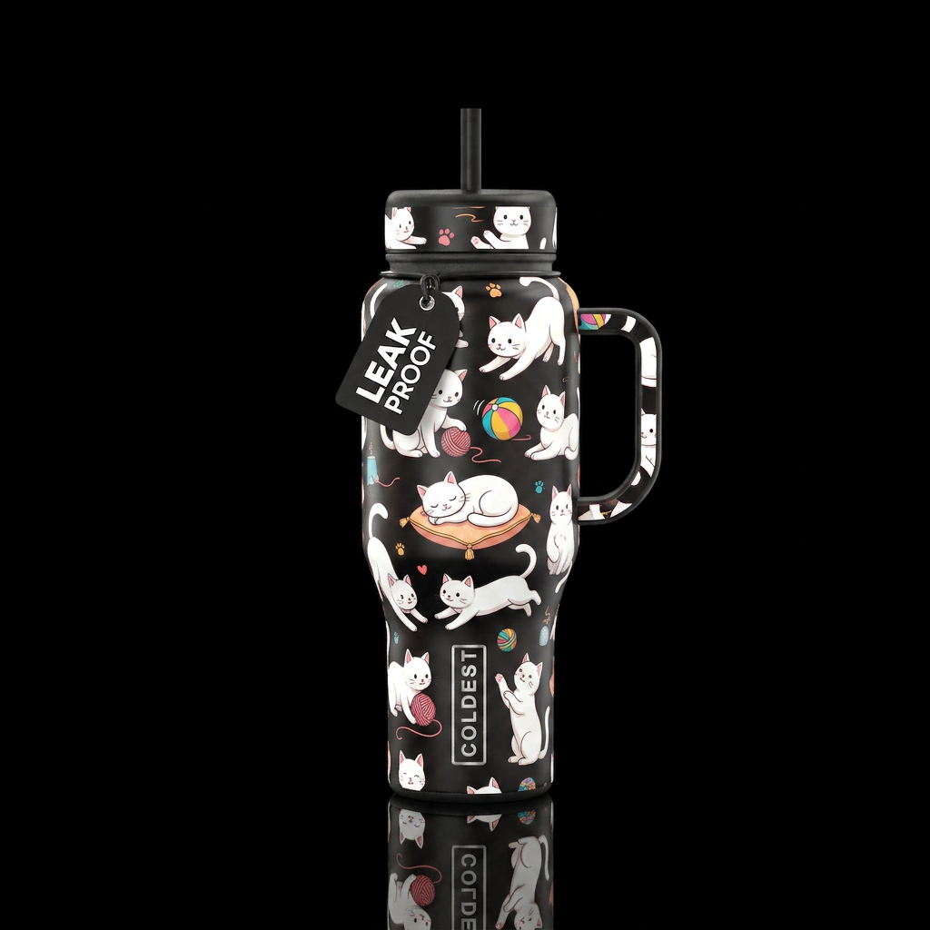 A cats life water bottle design