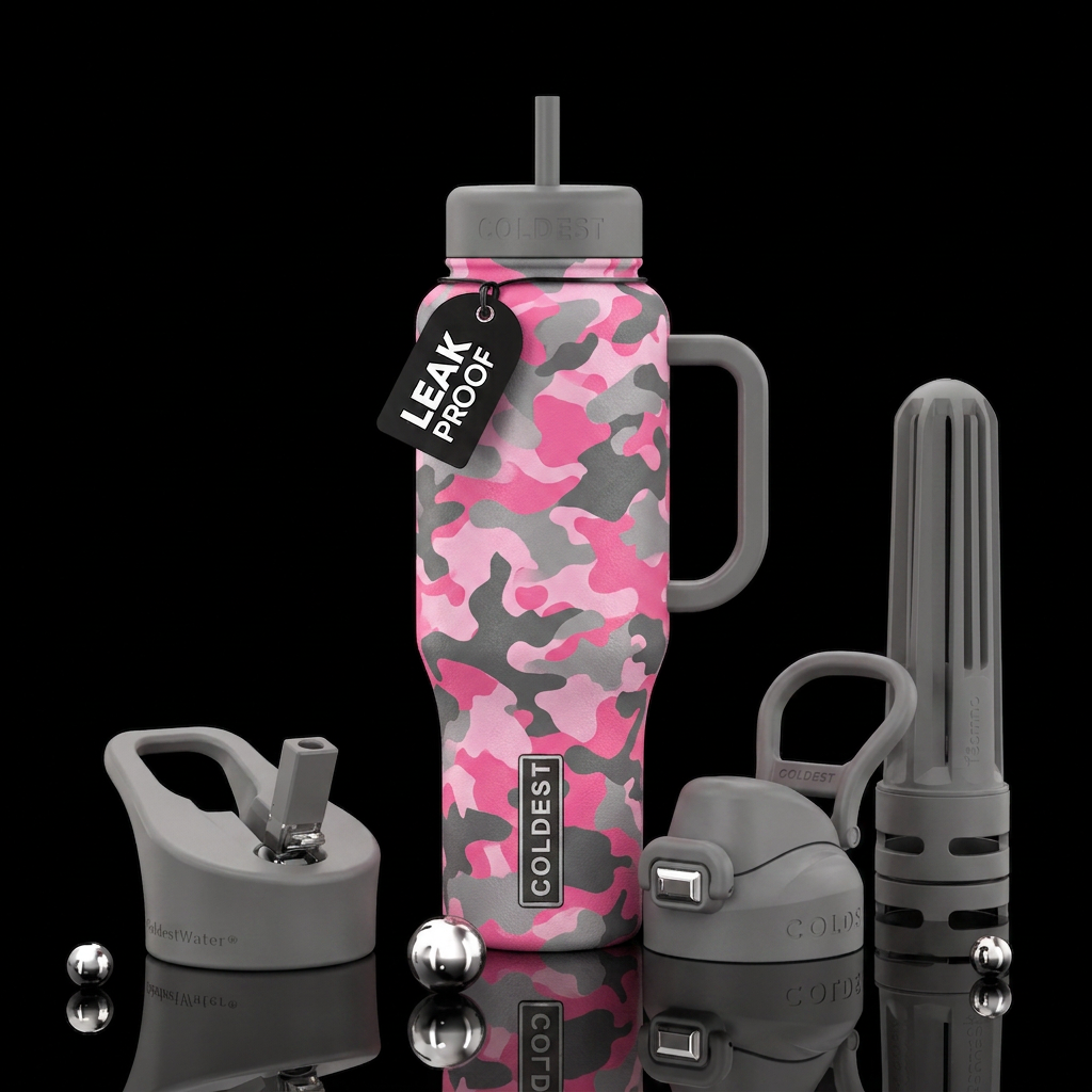 Pink and gray camo water bottle design