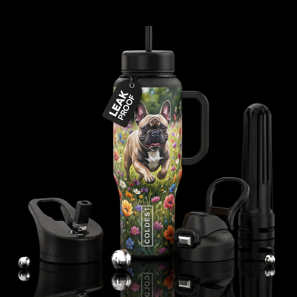 French bulldog running in a field of wind flowers water bottle design